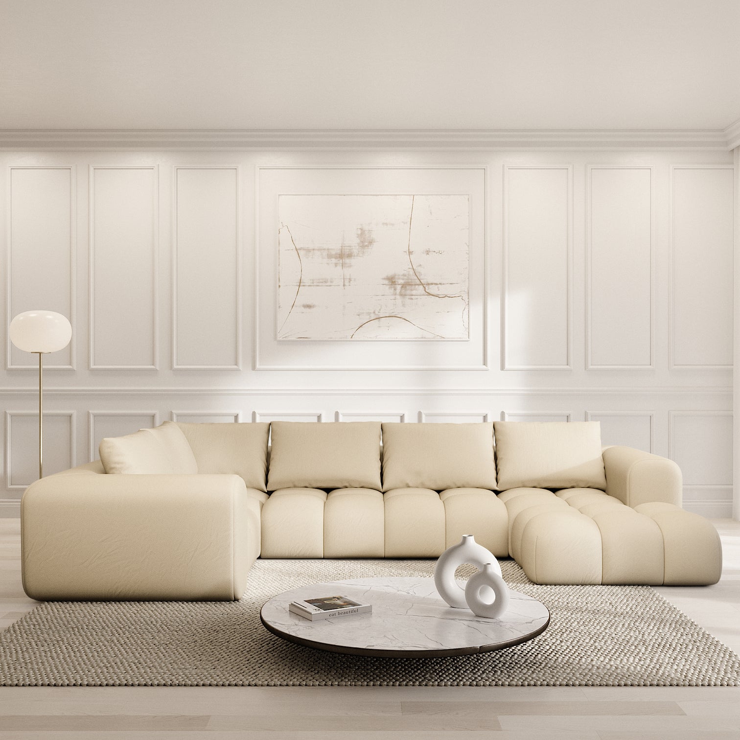 
6-seat designer panoramic sofa “Velina XL” in genuine leather - Genuine leather Beige / Long side left