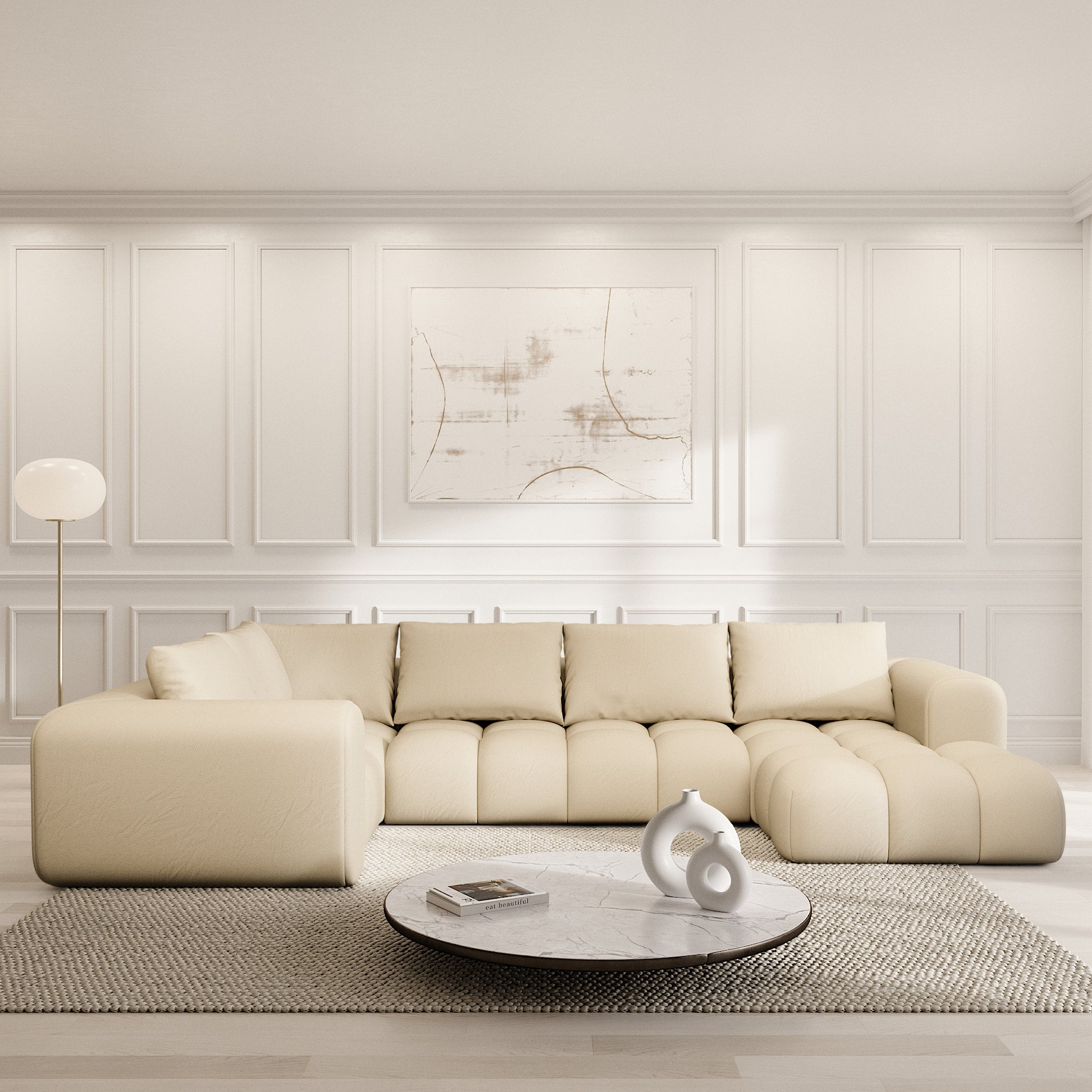 
6-Sitzer Design Echtleder Panorama-Sofa „Velina XL“ - Echtleder Beige / Lange Seite links