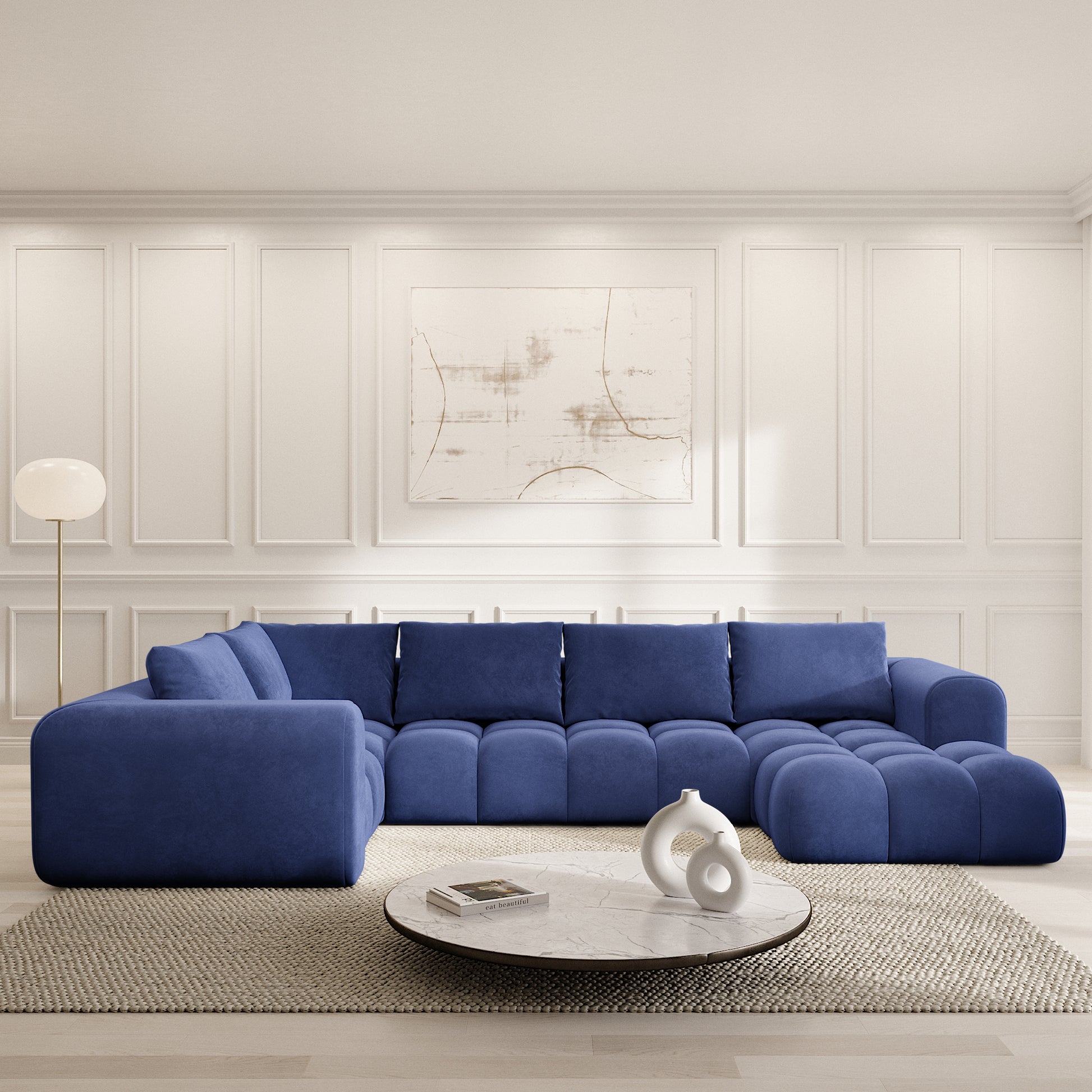 
6-Sitzer Design Panorama-Sofa „Velina XL“ mit Samtbezug - Samtbezug Königsblau / Lange Seite links