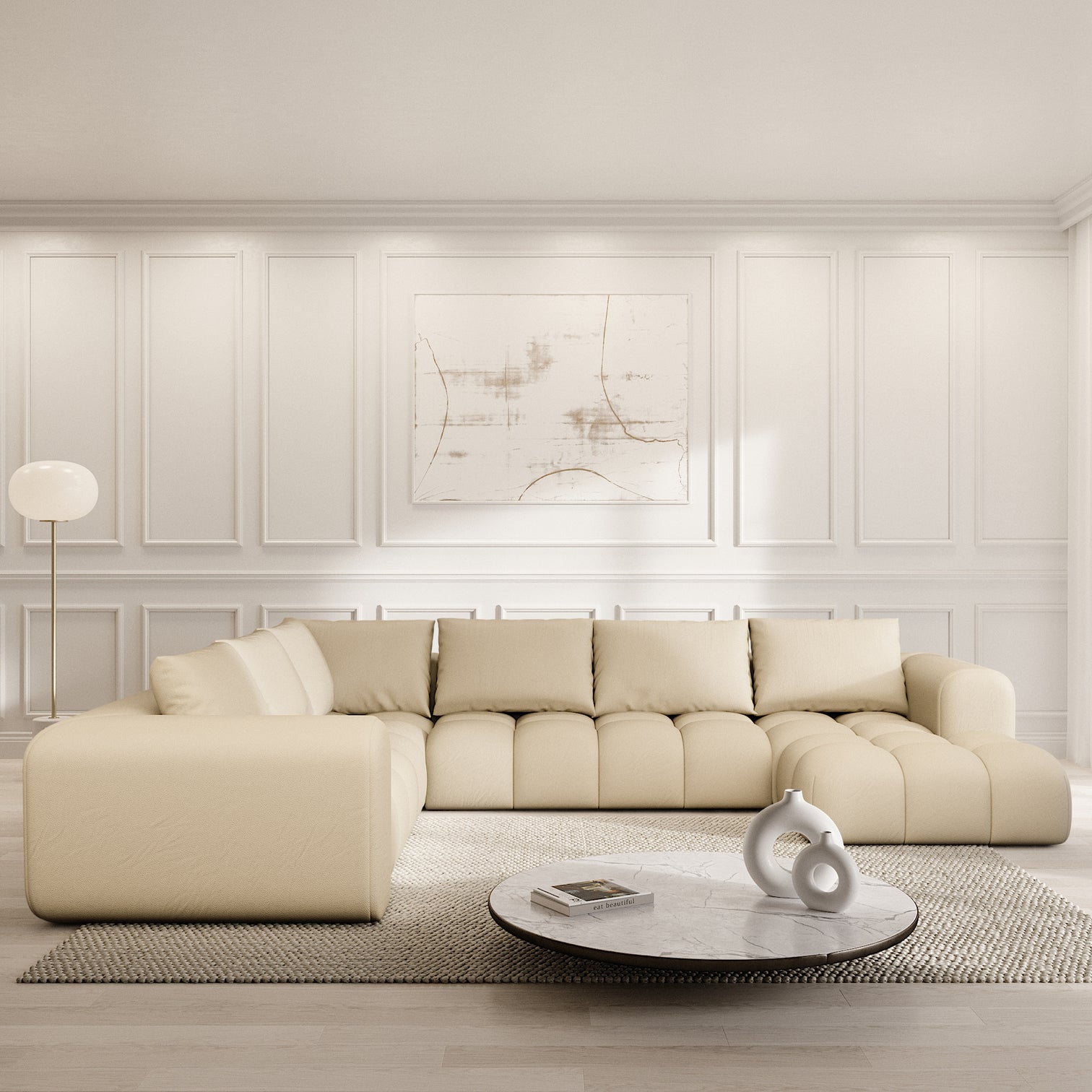 
7-seat designer panoramic sofa “Velina XXL” in genuine leather - Genuine leather Beige / Long side left