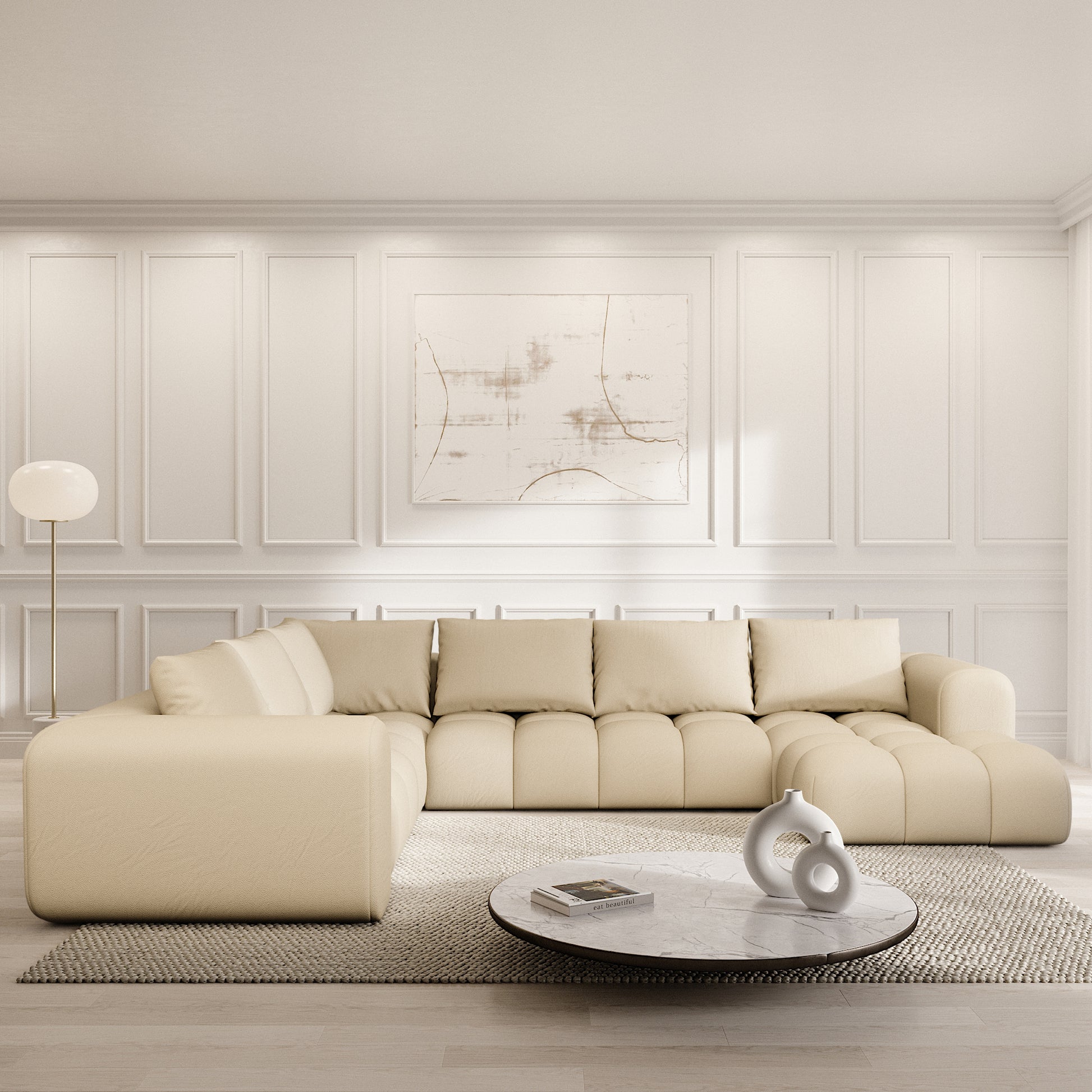 
7-Sitzer Design Echtleder Panorama-Sofa „Velina XXL“ - Echtleder Beige / Lange Seite links