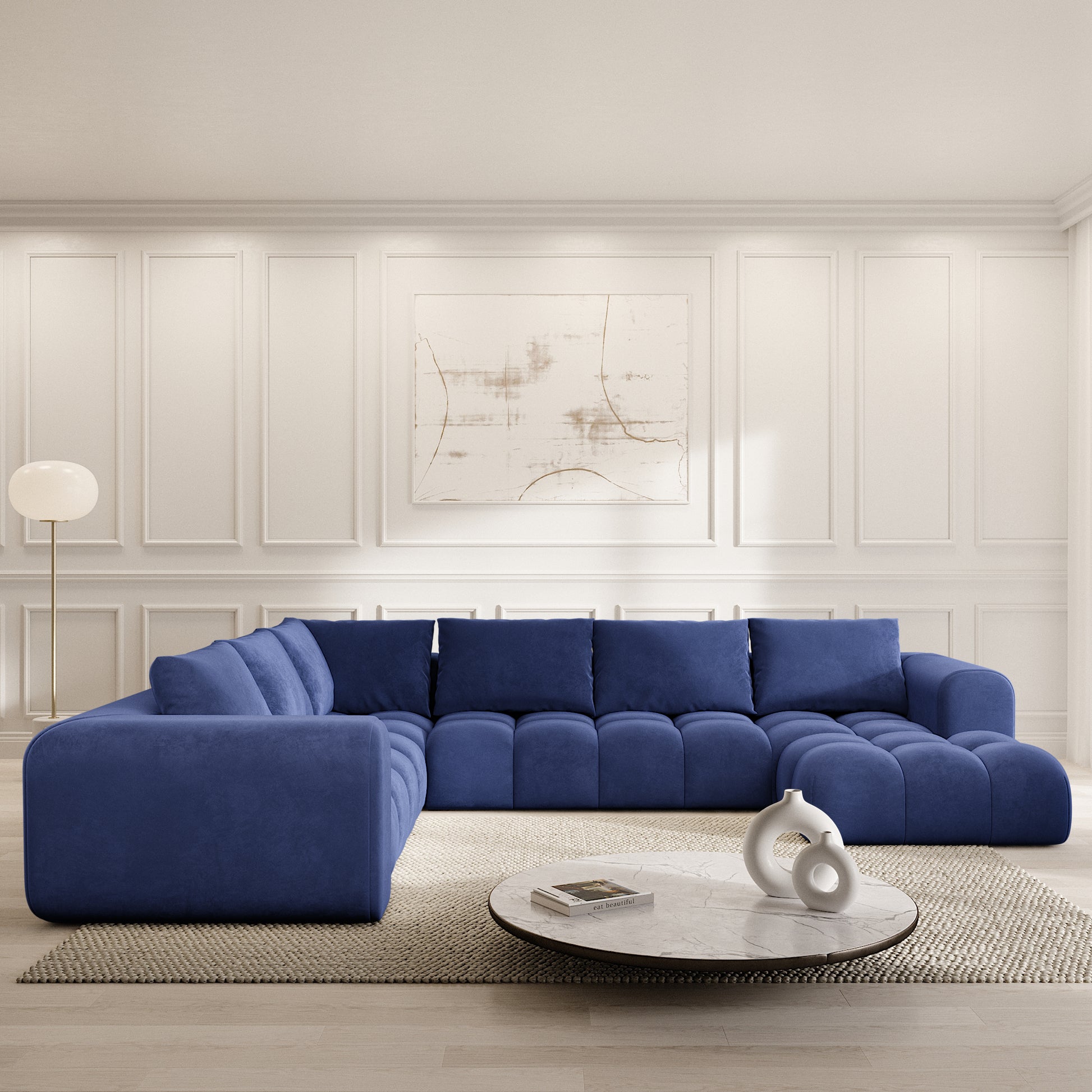 
7-Sitzer Design Panorama-Sofa „Velina XXL“ mit Samtbezug - Samtbezug Königsblau / Lange Seite links