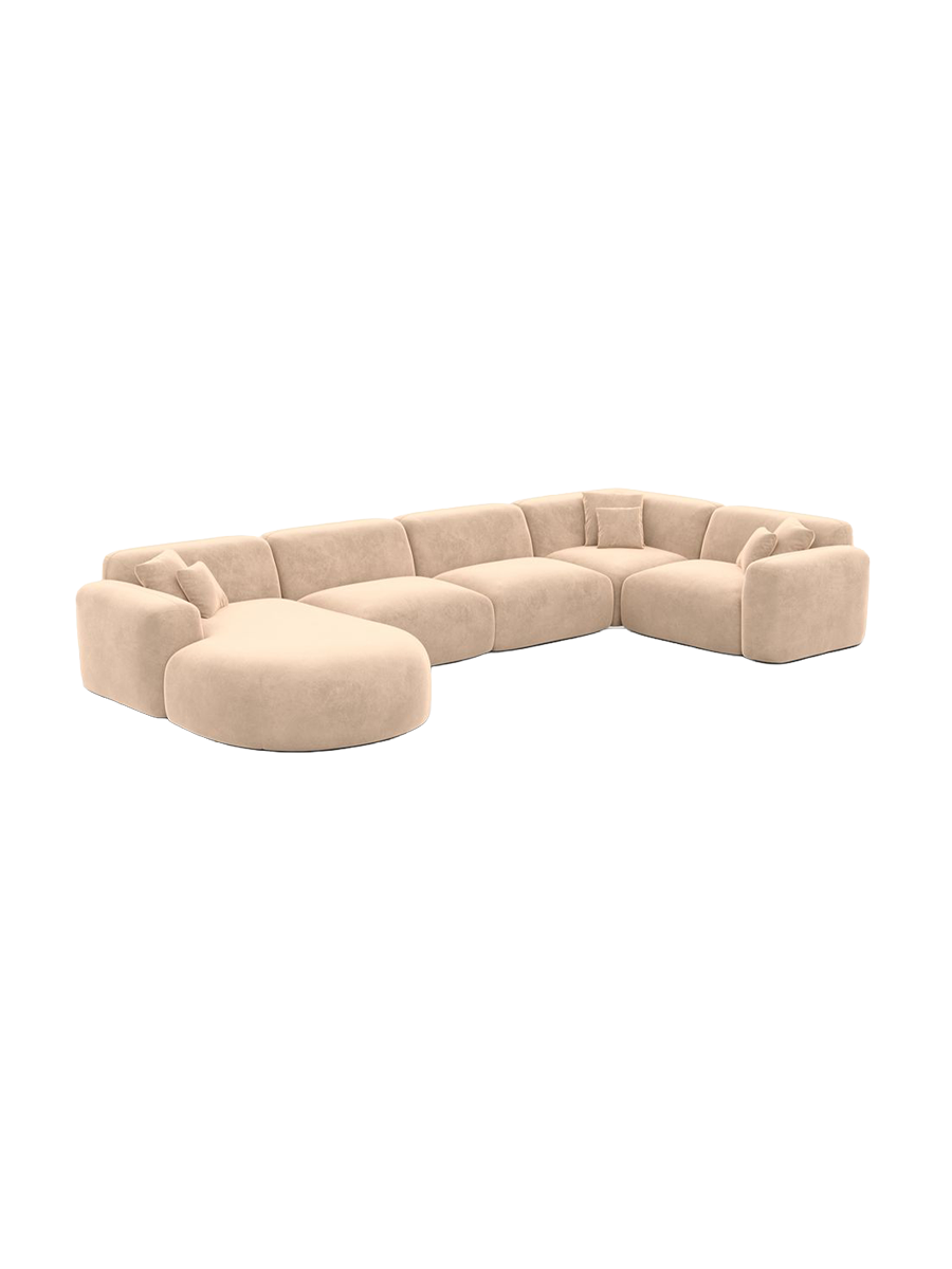 
6-Sitzer Design Panorama-Sofa „Aras XL“ mit Samtbezug - Samtbezug Beige / lange Seite links, Liegeteil rechts