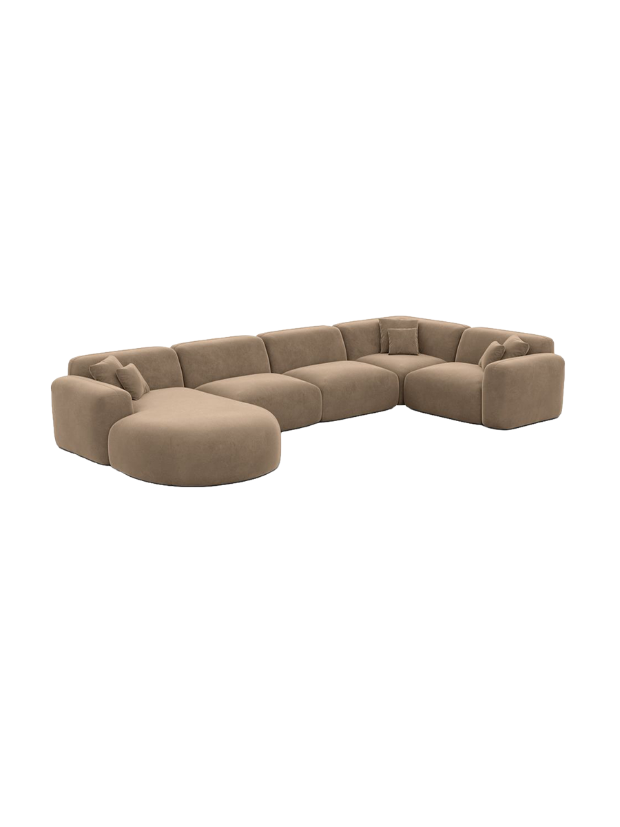 
6-Sitzer Design Panorama-Sofa „Aras XL“ mit Samtbezug - Samtbezug Beige / lange Seite links, Liegeteil rechts