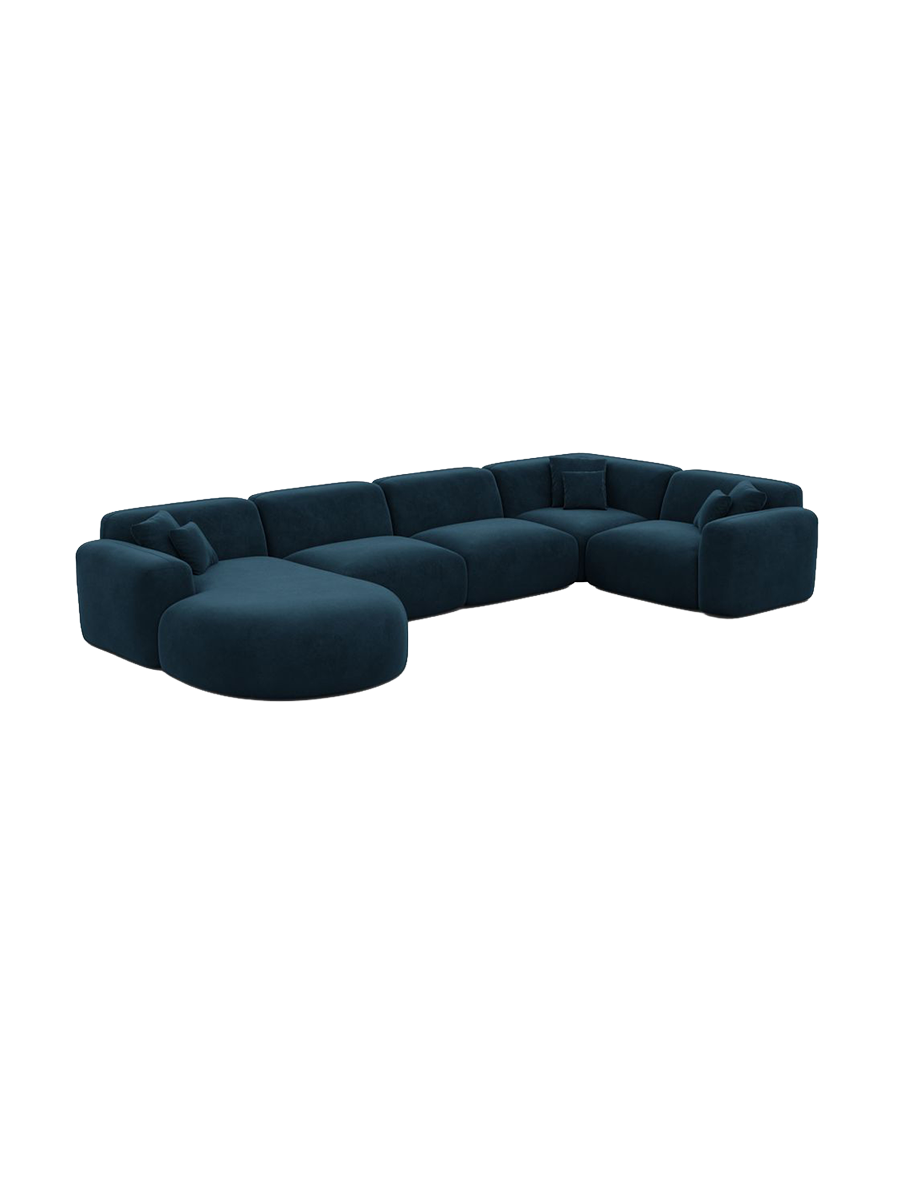 
6-Sitzer Design Panorama-Sofa „Aras XL“ mit Samtbezug - Samtbezug Beige / lange Seite links, Liegeteil rechts