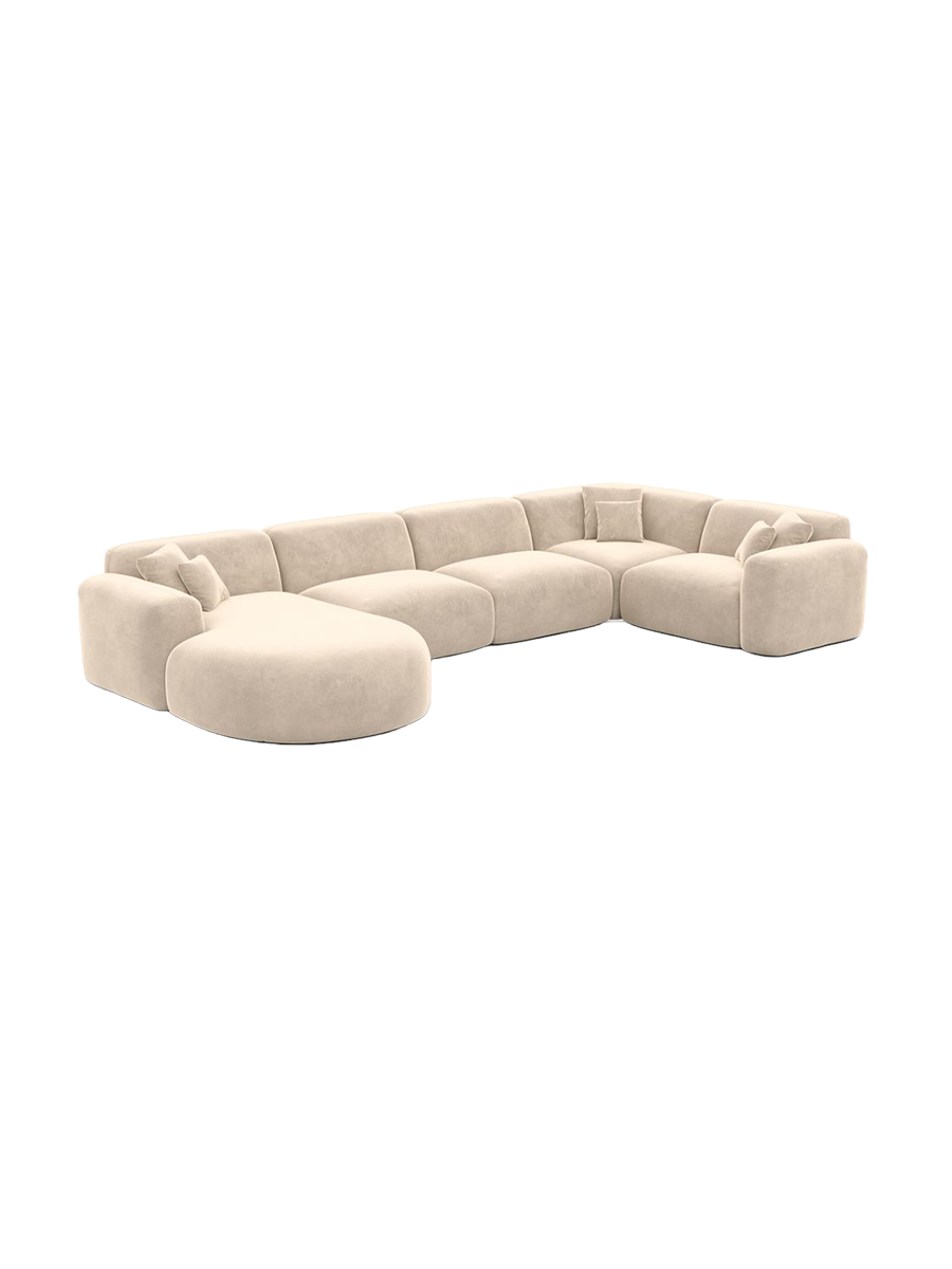 
6-Sitzer Design Panorama-Sofa „Aras XL“ mit Samtbezug - Samtbezug Beige / lange Seite links, Liegeteil rechts