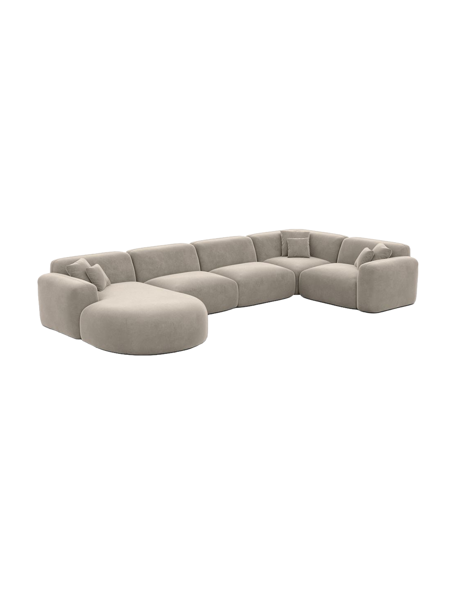 
6-Sitzer Design Panorama-Sofa „Aras XL“ mit Samtbezug - Samtbezug Beige / lange Seite links, Liegeteil rechts