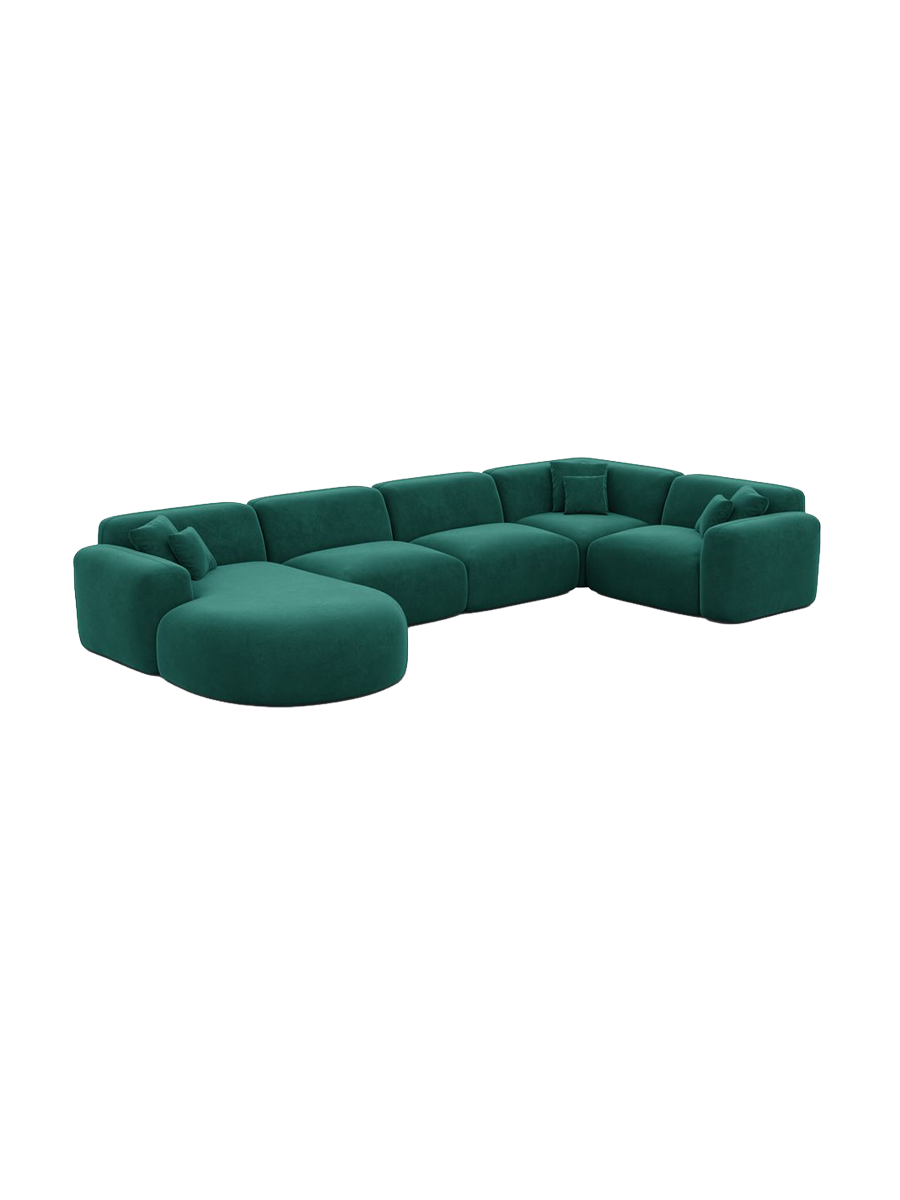 
6-Sitzer Design Panorama-Sofa „Aras XL“ mit Samtbezug - Samtbezug Beige / lange Seite links, Liegeteil rechts