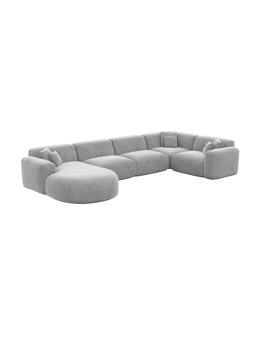
6-Sitzer Design Panorama-Sofa „Aras XL“ mit Samtbezug - Samtbezug Beige / lange Seite links, Liegeteil rechts