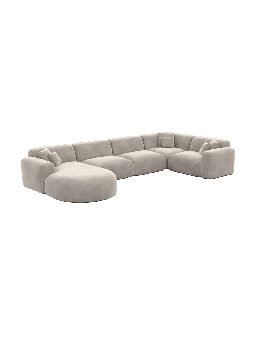 
6-Sitzer Design Panorama-Sofa „Aras XL“ mit Samtbezug - Samtbezug Beige / lange Seite links, Liegeteil rechts