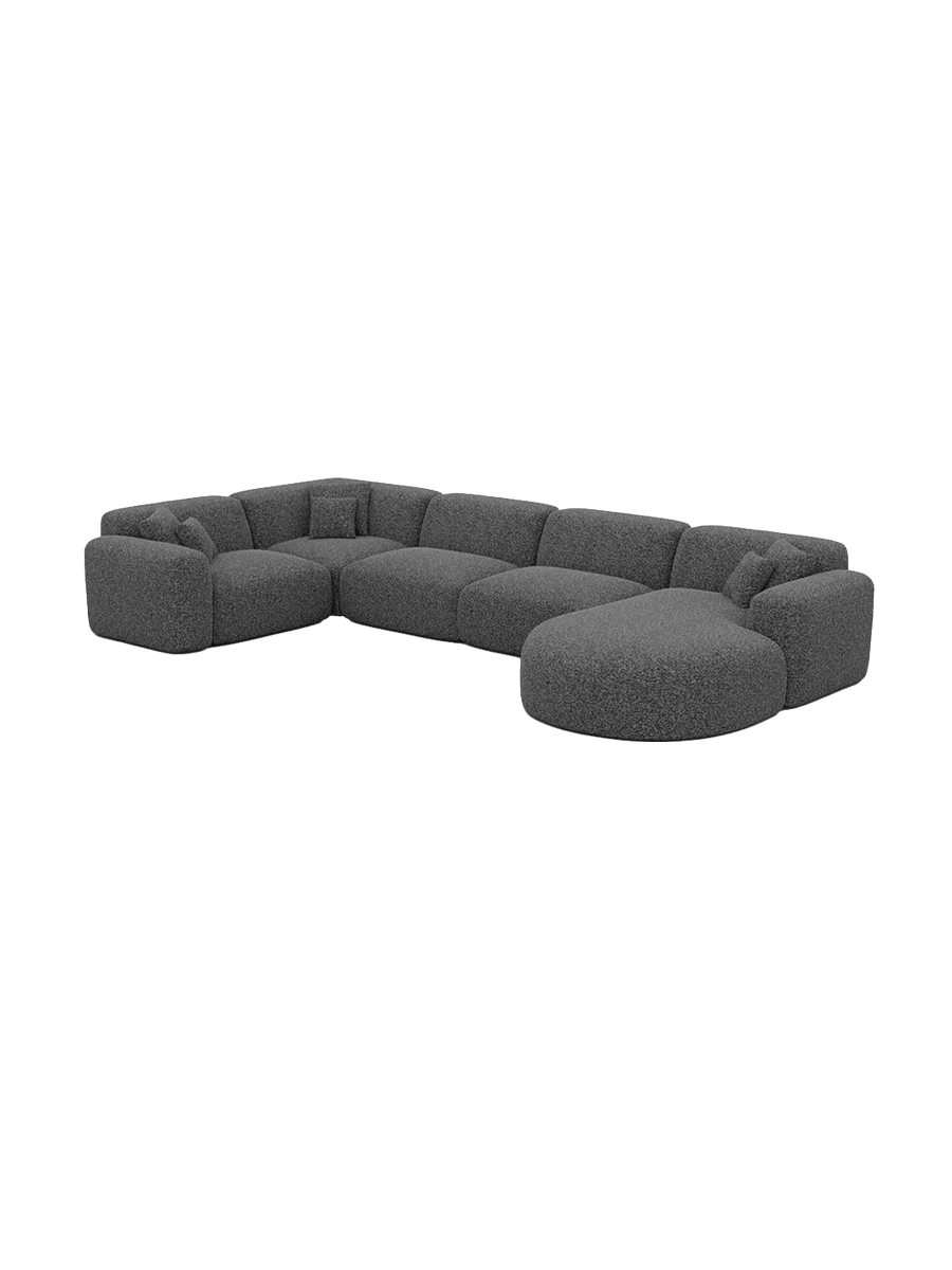 
6-Sitzer Design Panorama-Sofa „Aras XL“ mit Bouclé-Bezug - Bouclé Graphit / lange Seite links, Liegeteil rechts