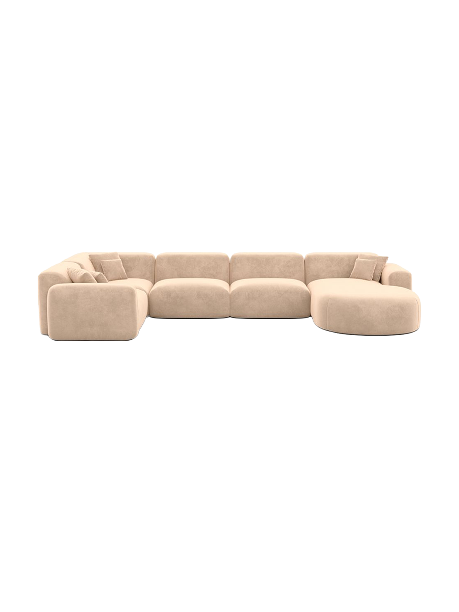 
6-Sitzer Design Panorama-Sofa „Aras XL“ mit Samtbezug - Samtbezug Beige / lange Seite links, Liegeteil rechts