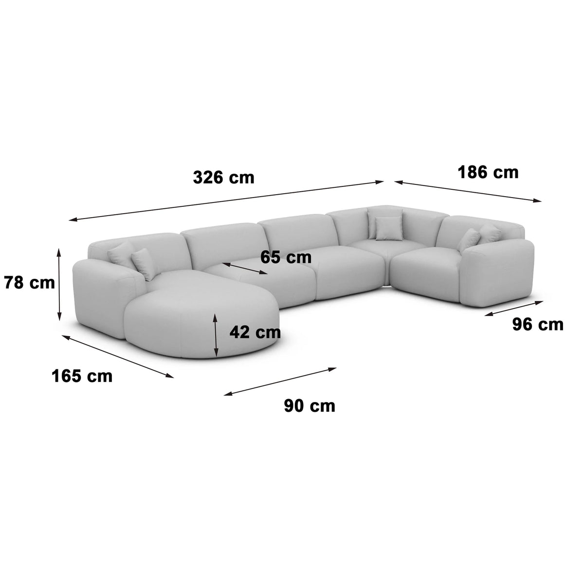 
6-Sitzer Design Panorama-Sofa „Aras XL“ mit Samtbezug - Samtbezug Beige / lange Seite links, Liegeteil rechts