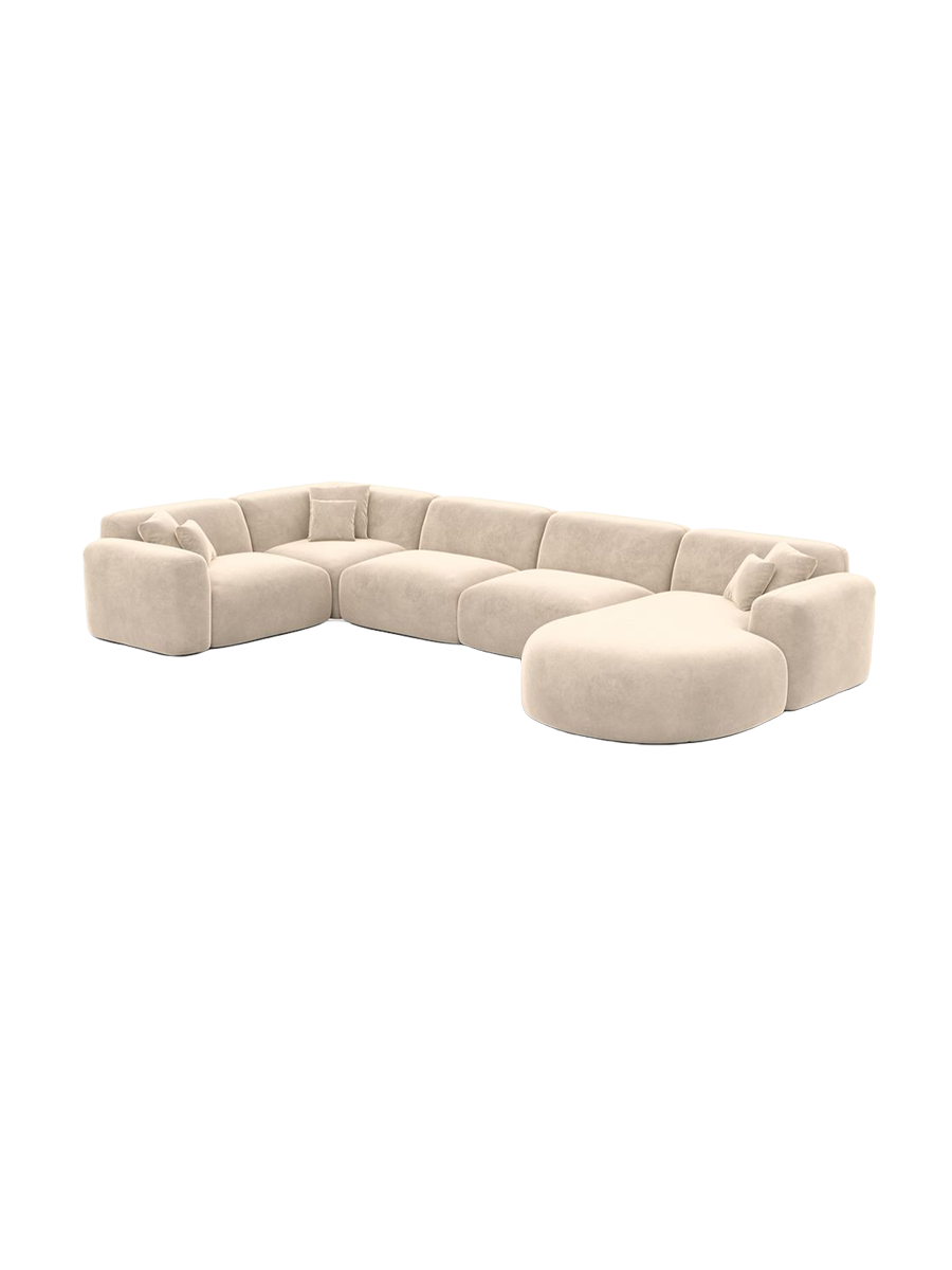 
6-Sitzer Design Panorama-Sofa „Aras XL“ mit Samtbezug - Samtbezug Beige / lange Seite links, Liegeteil rechts