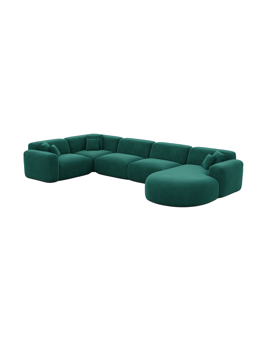 
6-Sitzer Design Panorama-Sofa „Aras XL“ mit Samtbezug - Samtbezug Beige / lange Seite links, Liegeteil rechts