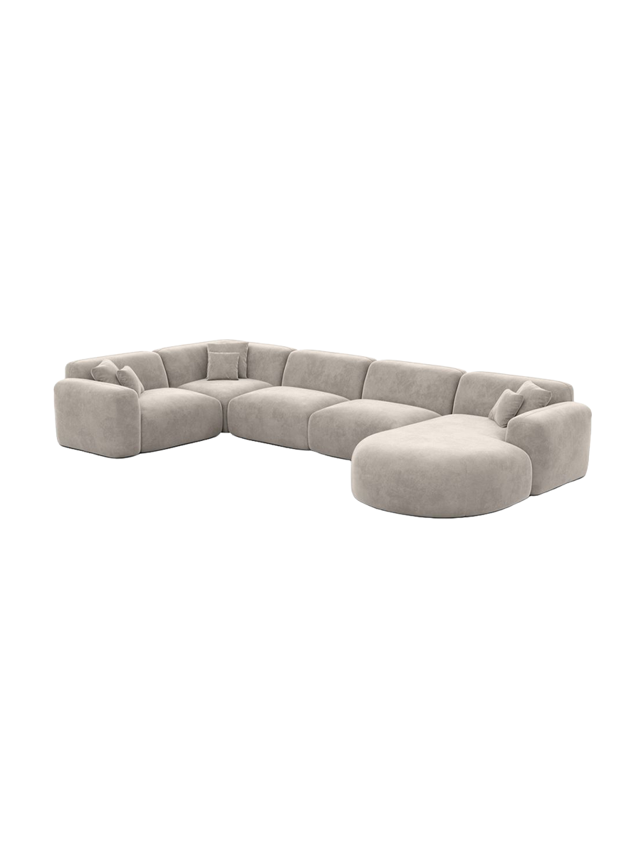
6-Sitzer Design Panorama-Sofa „Aras XL“ mit Samtbezug - Samtbezug Beige / lange Seite links, Liegeteil rechts