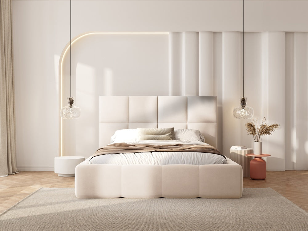 
Design Polsterbett „Isa“ mit Ablagefach, Samt Light Beige - 140 x 200 cm