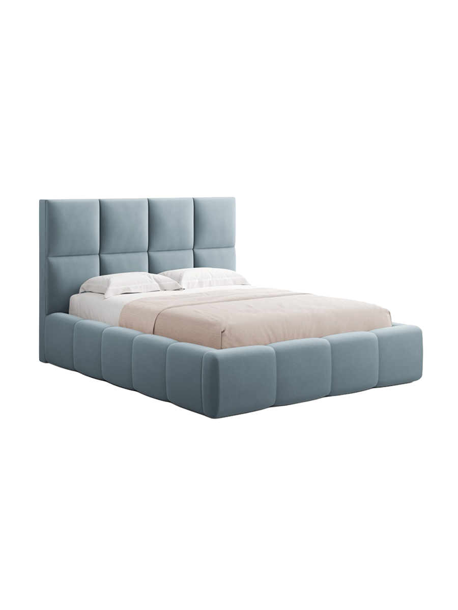 
Design Polsterbett „Isa“ mit Ablagefach, Samt Hellblau - 140 x 200 cm