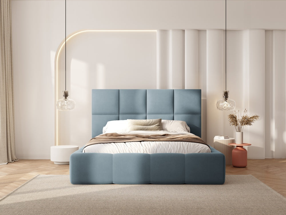 
Design Polsterbett „Isa“ mit Ablagefach, Samt Hellblau - 140 x 200 cm
