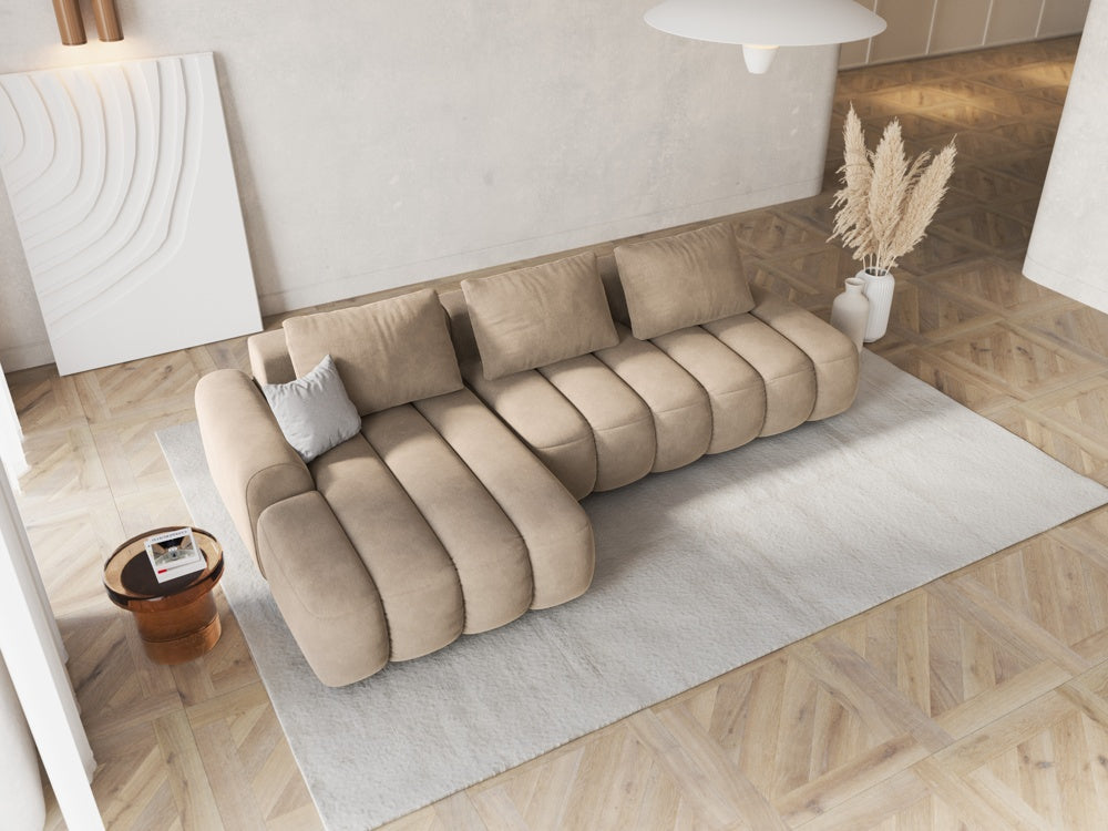 
4-Seater Designer Corner Sofa "Kimi" with Sleeping Function - Velvet Light Beige / Left corner section