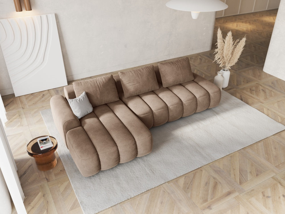 
4-Seater Designer Corner Sofa "Kimi" with Sleeping Function - Dark Beige Velvet / Left corner section