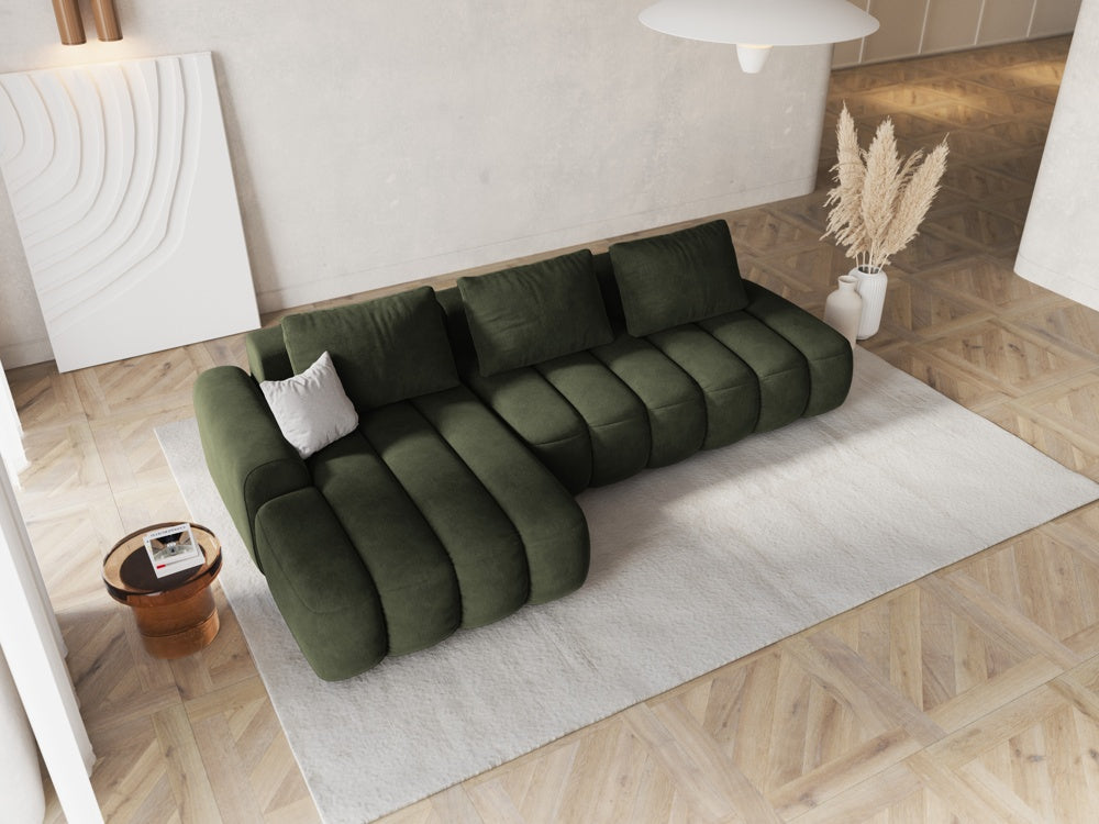 
4-Seater Designer Corner Sofa "Kimi" with Sleeping Function - Velvet Green / Left corner section