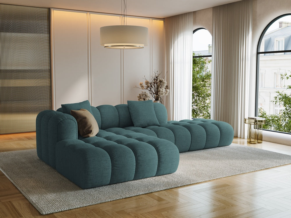 
4-Seater Designer Corner Sofa "Arden" with Ottoman - Structured Fabric Petrol / Ottoman right