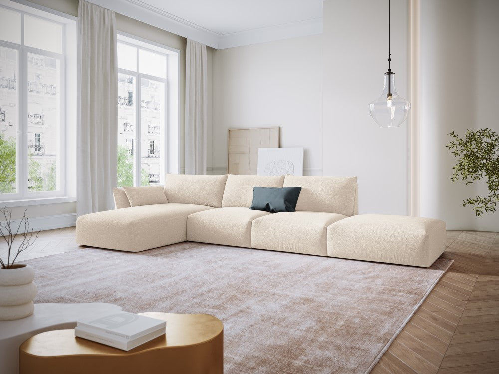 
Canapé d'angle design "Clau" 5 places avec ottomane - Chenille Beige Clair / Pièce d'angle gauche