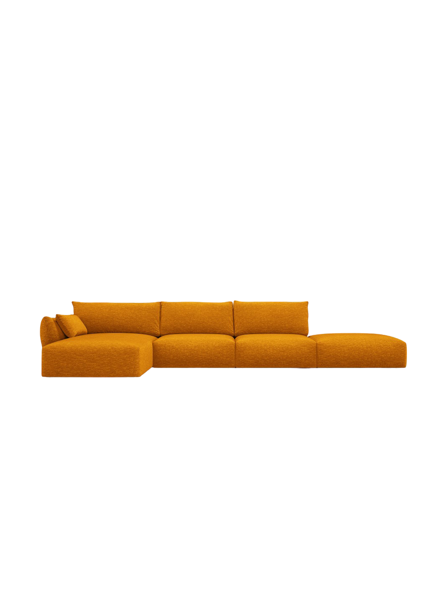 
Canapé d'angle design "Clau" 5 places avec ottomane - Chenille jaune moutarde / Pièce d'angle gauche