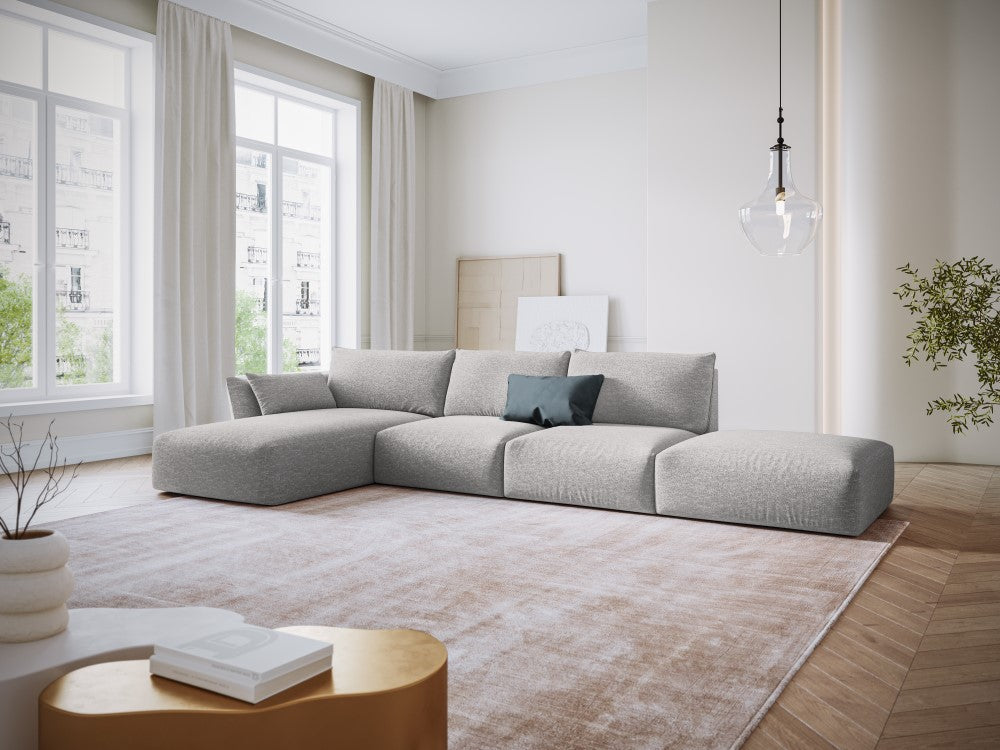
Canapé d'angle design "Clau" 5 places avec ottomane - Chenille Gris clair / Pièce d'angle gauche