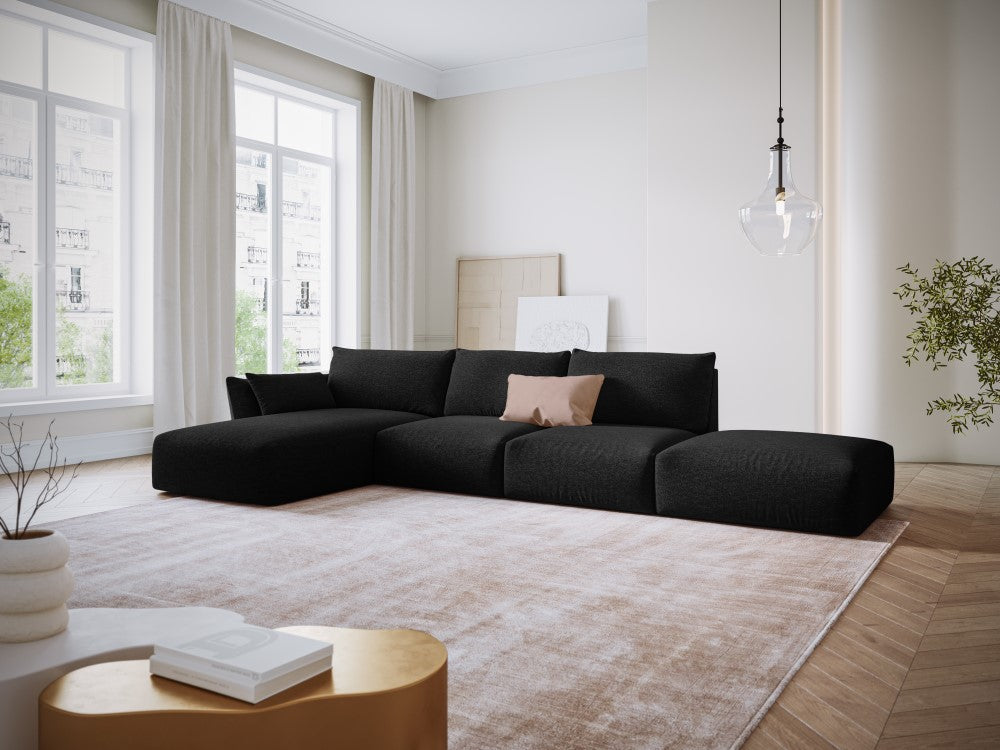 
Canapé d'angle design "Clau" 5 places avec ottomane - Chenille noire / Pièce d'angle gauche