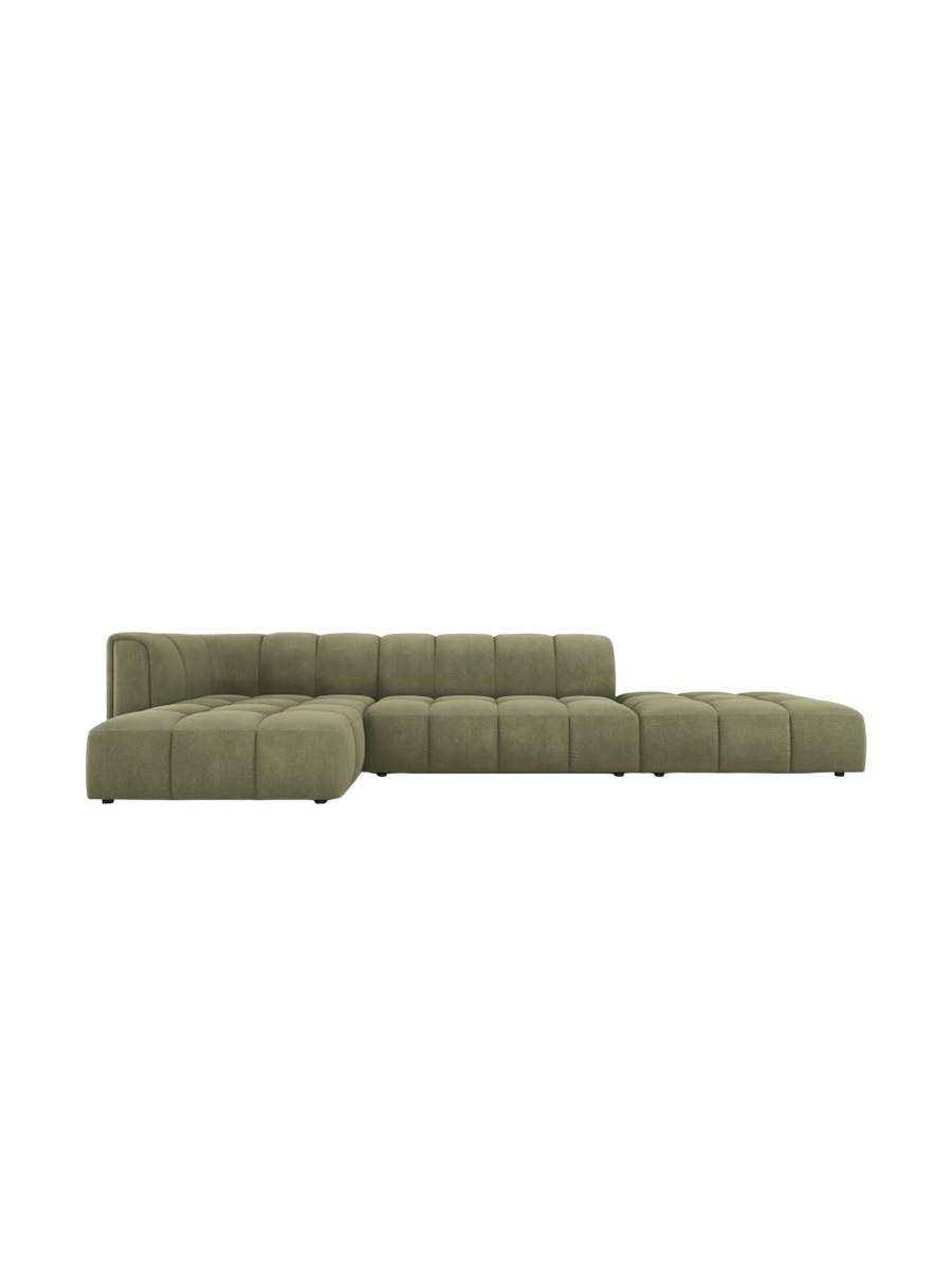 
5-Sitzer Design Ecksofa "Adams" mit Ottomane - Chenille Olivgrün / Ottomane rechts