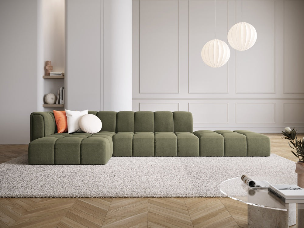 
5-Sitzer Design Ecksofa "Adams" mit Ottomane - Chenille Olivgrün / Ottomane rechts