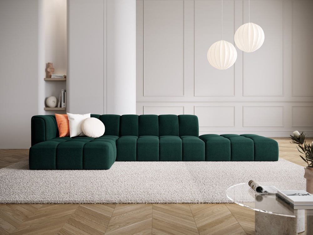 
5-Sitzer Design Ecksofa "Adams" mit Ottomane - Chenille Flaschengrün / Ottomane rechts