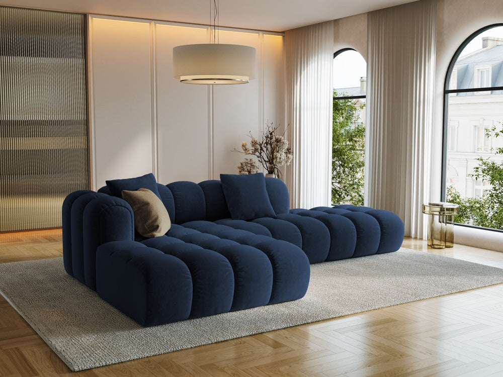 
4-Seater Designer Corner Sofa "Arden" with Ottoman - Velvet Royal Blue / Ottoman right