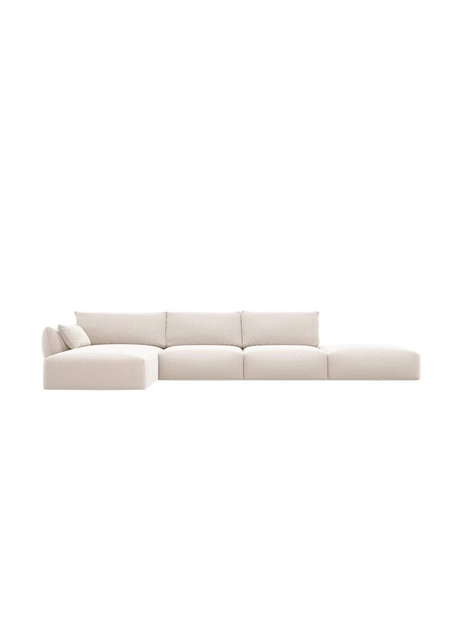
Canapé d'angle design "Clau" 5 places avec ottomane - Velours Beige / Pièce d'angle gauche