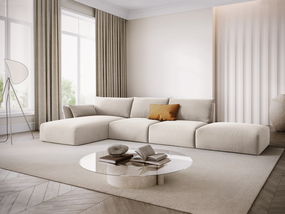 
Canapé d'angle design "Clau" 5 places avec ottomane - Velours Beige / Pièce d'angle gauche