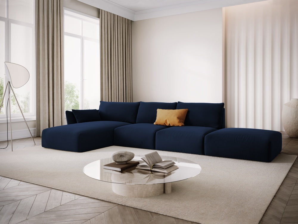 
Canapé d'angle design "Clau" 5 places avec ottomane - Velours bleu roi / Pièce d'angle gauche