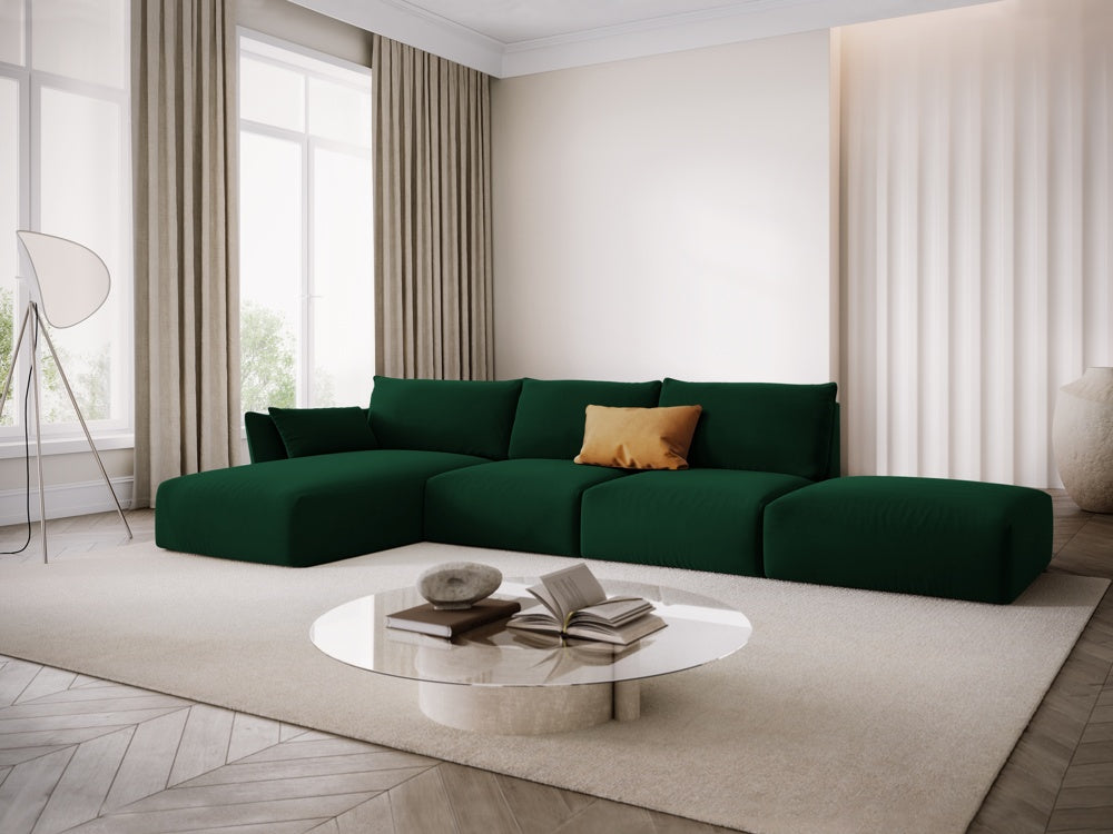 
Canapé d'angle design "Clau" 5 places avec ottomane - Velours vert bouteille / Pièce d'angle gauche