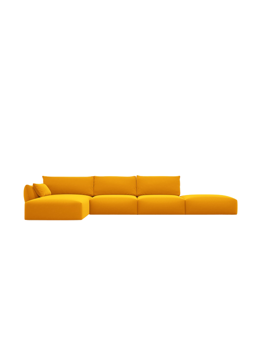 
Canapé d'angle design "Clau" 5 places avec ottomane - Velours moutarde / Pièce d'angle gauche
