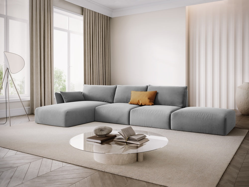 
Canapé d'angle design "Clau" 5 places avec ottomane - Velours Gris / Pièce d'angle gauche