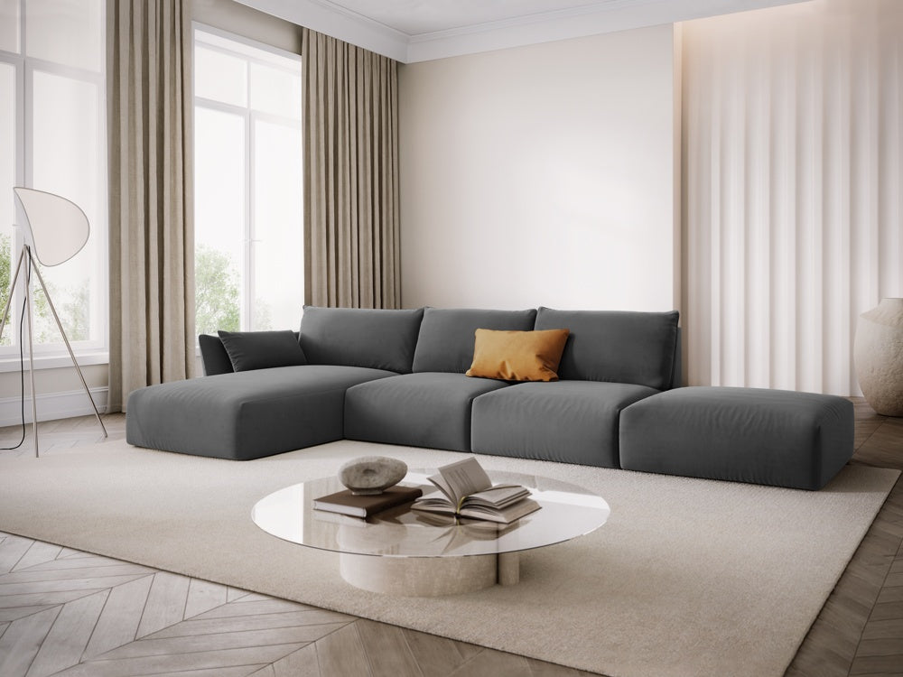 
Canapé d'angle design "Clau" 5 places avec ottomane - Velours gris foncé / Pièce d'angle gauche