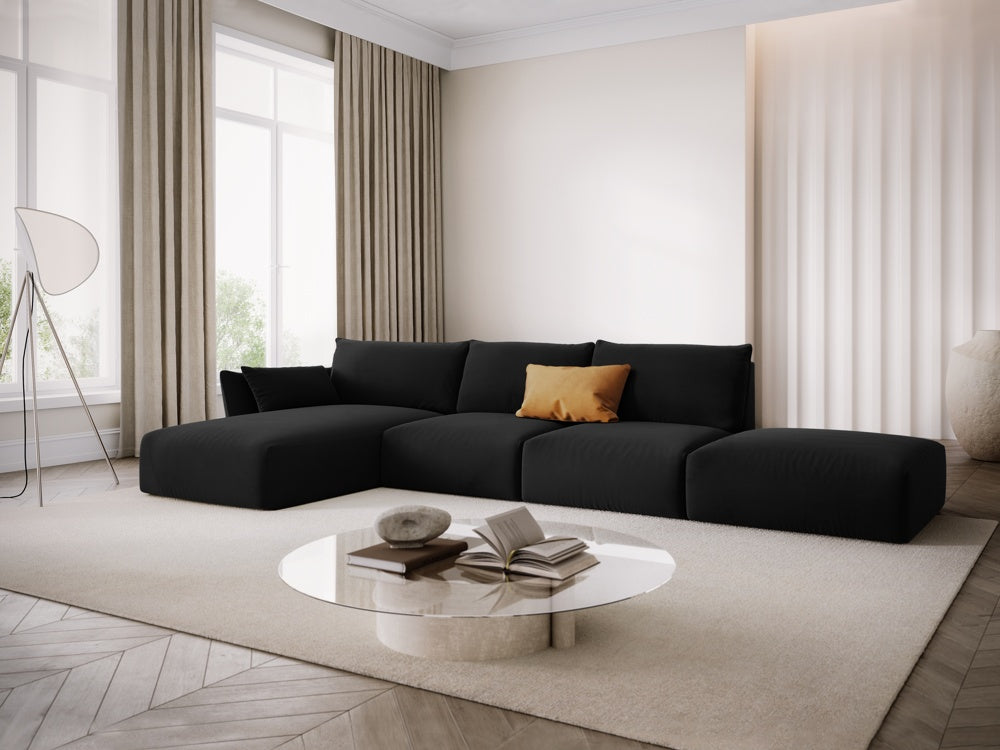 
Canapé d'angle design "Clau" 5 places avec ottomane - Velours noir / Pièce d'angle gauche