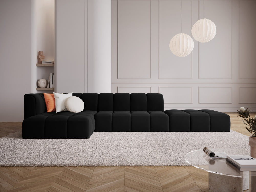 
5-Sitzer Design Ecksofa "Adams" mit Ottomane - Samt Schwarz / Ottomane rechts