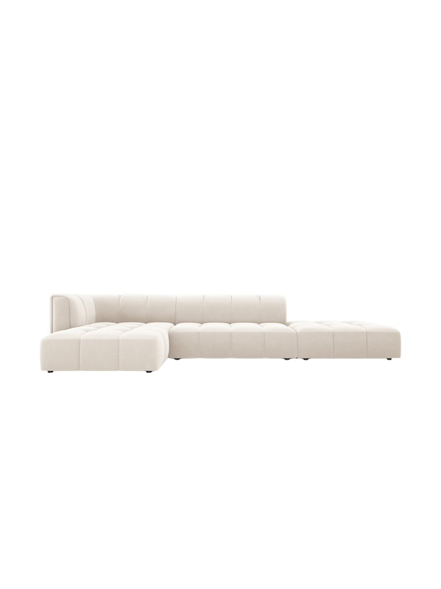
5-Sitzer Design Ecksofa "Adams" mit Ottomane - Samt Light Beige / Ottomane rechts