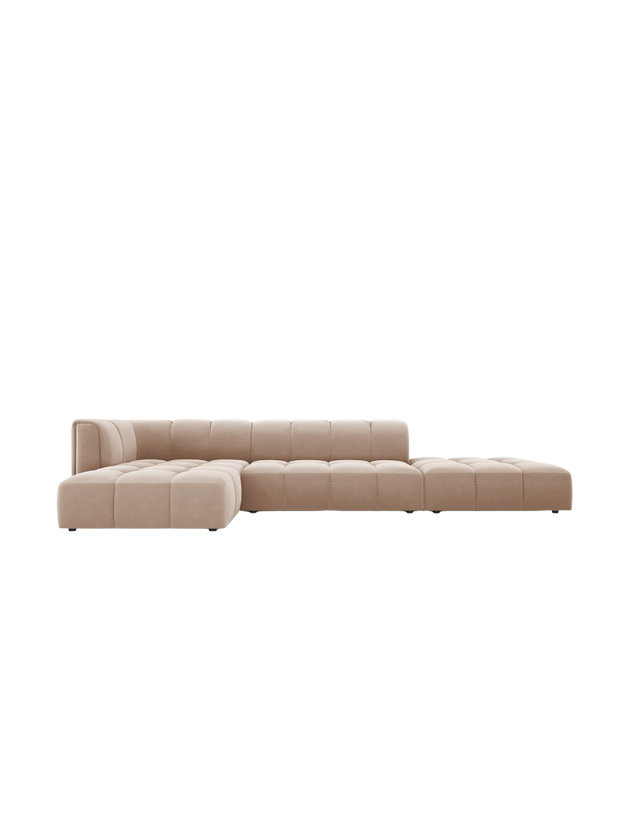 
5-Sitzer Design Ecksofa "Adams" mit Ottomane - Samt  Beige / Ottomane rechts