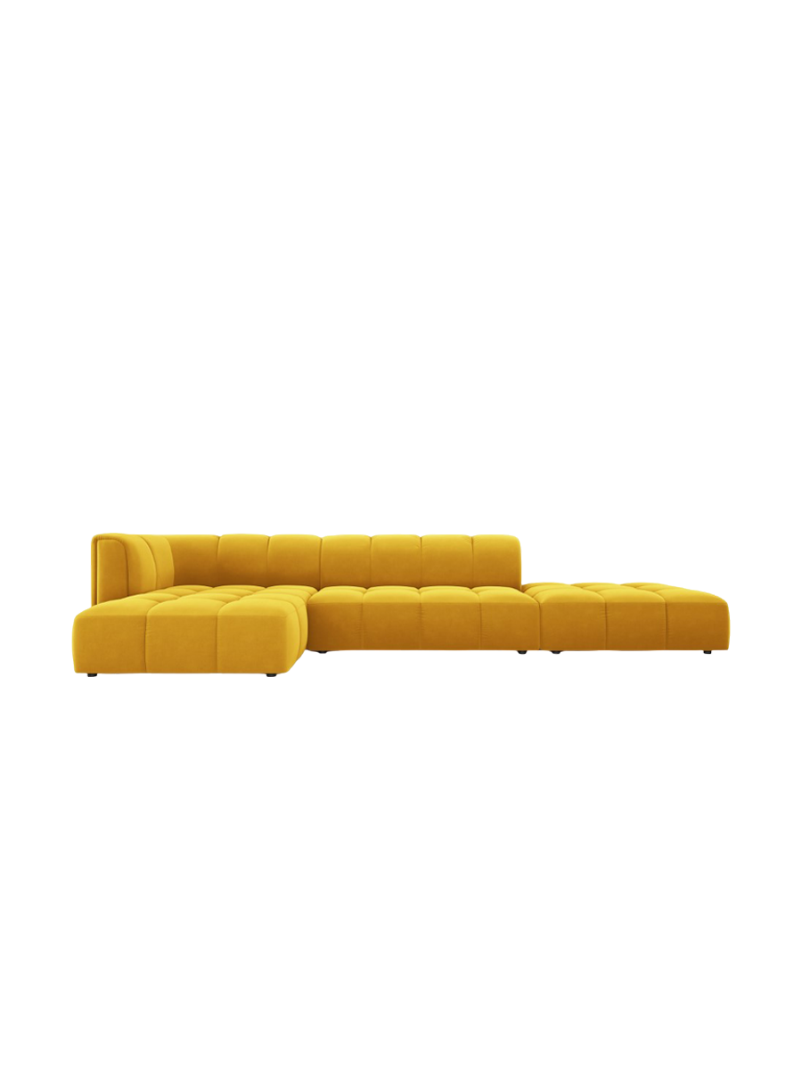
5-Sitzer Design Ecksofa "Adams" mit Ottomane - Samt Senfgelb / Ottomane rechts
