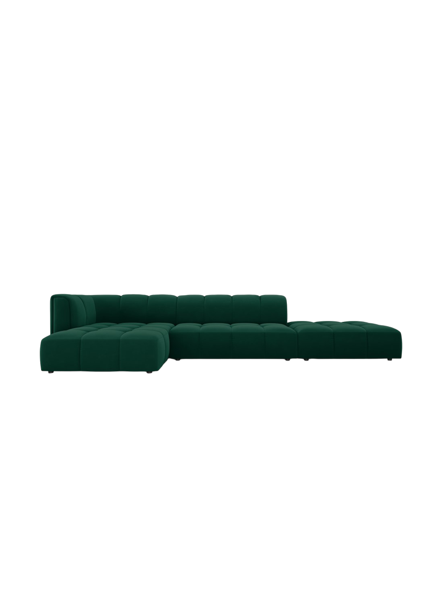 
5-Sitzer Design Ecksofa "Adams" mit Ottomane - Samt Flaschengrün / Ottomane rechts