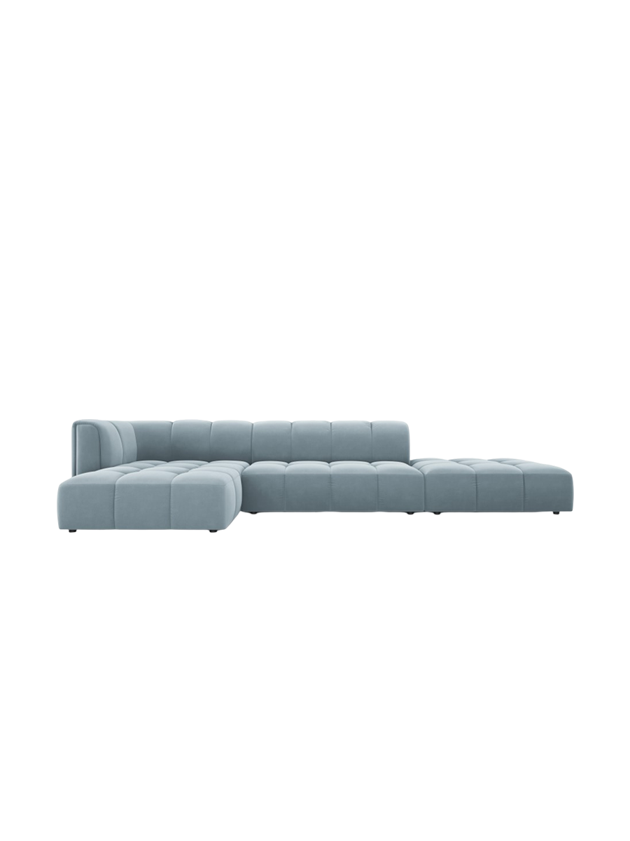 
5-Sitzer Design Ecksofa "Adams" mit Ottomane - Samt Hellblau / Ottomane rechts