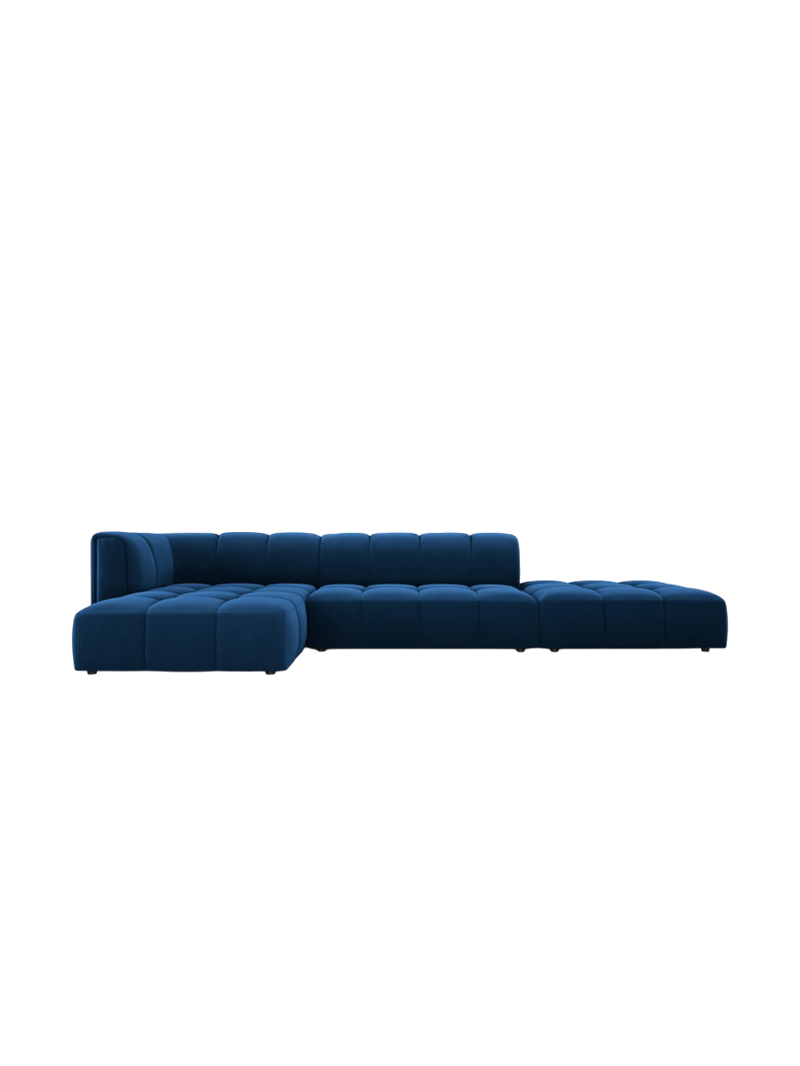 
5-Sitzer Design Ecksofa "Adams" mit Ottomane - Samt Königsblau / Ottomane rechts